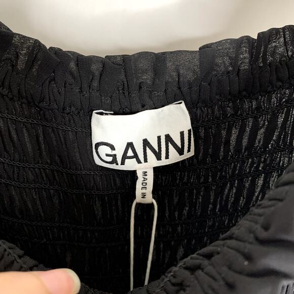 GANNI Pleated Georgette Flounce Smock Midi Dress Black Womens Size 32 New - Picture 13 of 16